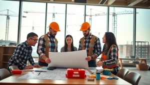 Apprenticeship in construction with workers collaborating on blueprints and plans.