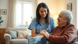 Caregiver providing in home health care near me to an elderly client in a warm living room setting.