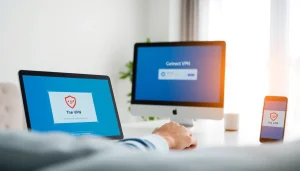 在明亮的工作空间中，使用多台设备连接到快连官网 VPN 服务。