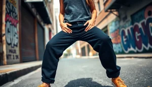 Model showcasing baggy black jeans against an urban backdrop, exuding style and confidence.