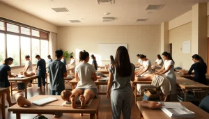 Massage students practicing techniques at Chiang Mai Massage School, focusing on posture correction.