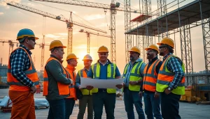 Team members in a construction association working together on-site with blueprints and machinery.