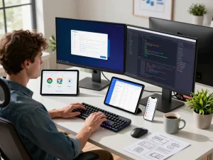 网页开发者在配备多屏幕和科技设备的现代工作空间中使用谷歌浏览器。